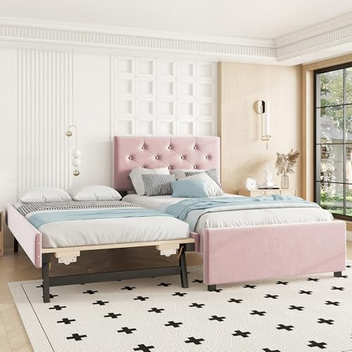 Azkoeesy Cama tapizada con Cama Nido, Patas metálicas Plegables, Convertible en Cama de Matrimonio, con somier, capitoné con Botones, Funda de Terciopelo, 90x200 cm + 90x190 cm, Rosa