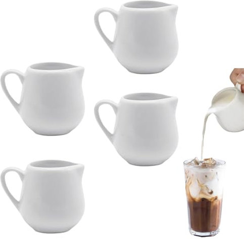 Porcelain Milk Jug Set - 4 White Ceramic Frothing Pitchers With Handle, 240ml/8Oz Non-Drip Spout for Coffee, Sauce and Creamer