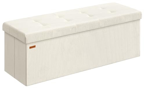 SONGMICS Storage Ottoman, Foldable Ottoman Foot Rest, 38 x 110 x 38 cm, Storage Bench, Loads up to 300 kg, for Living Room, Bedroom, Entryway, Cream White LSF604W02