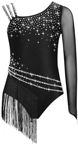 Yruioon Flicka gymnastikdräkt glitter gymnastikdräkt strass en axel konståkning bodyoverall med fransar Leotards tävling danskostym