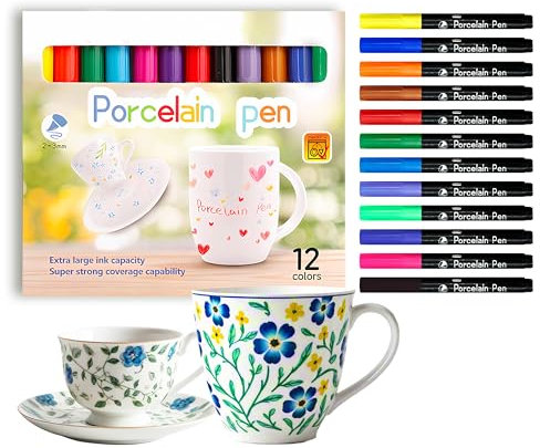 FloraVigo Keramikstifte, spülmaschinenfeste Porzellanstifte, 12 Farben wasserfest, Keramikmalset, geeignet zum Zeichnen von Mustern und Designkreationen auf Porzellan
