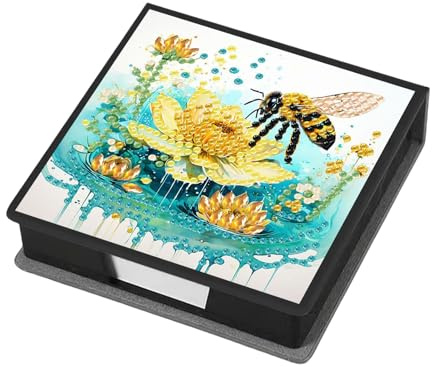 BAYUNOE Memo Paper Storage Box Diamond Art Painting Leather 4.2x4.2 in Sticky Note Holder for Organizer Notepad Holder with 160 Sticky Notes Office Supplies Desk Accessories-Bee