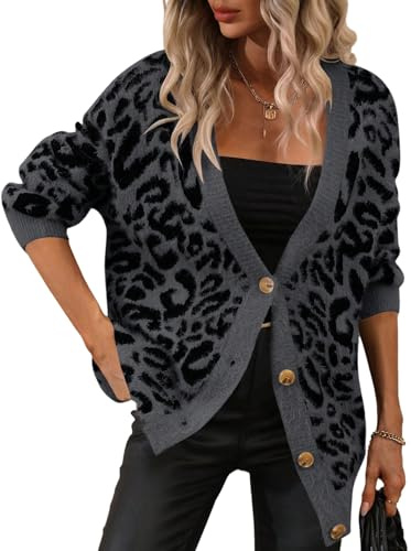 GORGLITTER Cardigan long pour femme - Imprimé léopard - Manteau en tricot à manches longues avec bouton - Col en V profond - Pull ample en tricot, gris, L