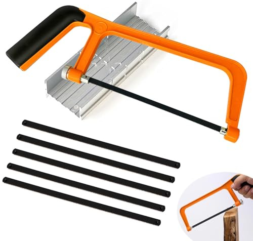 Mini Hacksaw 6 in with Mitre Block and 5 Bi-Metal Blade, 150mm Cut Hack Saw Set, Cutting Hand Saw (Orange)
