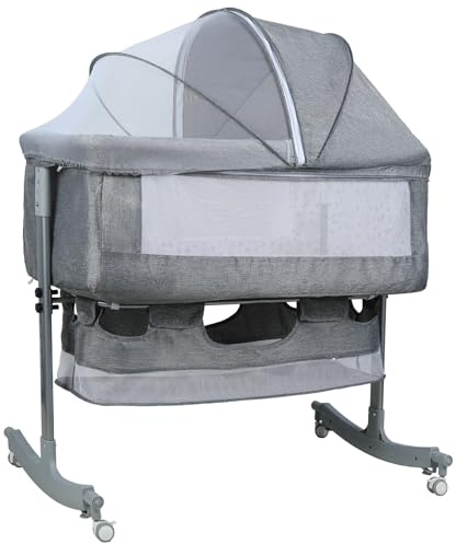 Next to me Crib, 3-in-1 Moses Basket, Adjustable Height Bedside Crib with Wheels, Easy Folding Cot Bed with Mattress, Breathable Mesh Window, Newborn Sleeper for Birth to 20kg