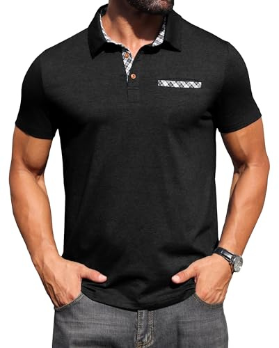 Hisir pikétröja, herr, kortärmad, bomull, stretch, pikétröja, skjorta med rutig krage och bröstfickdetalj, sommar, avslappnad t-shirt för män, affärer, fritid och golf
