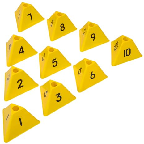 SUPVOX Lot de 10 Cônes de Marquage de Terrain Triangulaires Jaunes Numérotés 1-10, Cônes de Football Résistants pour Entraînement Extérieur, Marqueurs de Points D’agilité pour Sport