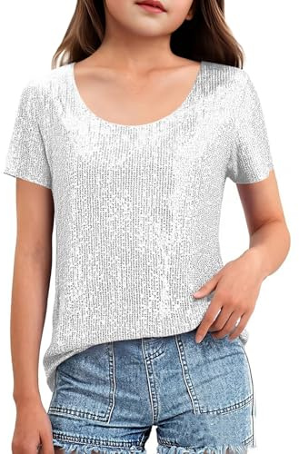 Mjjsk Top con paillettes per ragazze magliette a maniche corte glitterate scintillante camicetta girocollo elegante casual party tees bambini moda estate magliette, bianco, 12-13 Anni