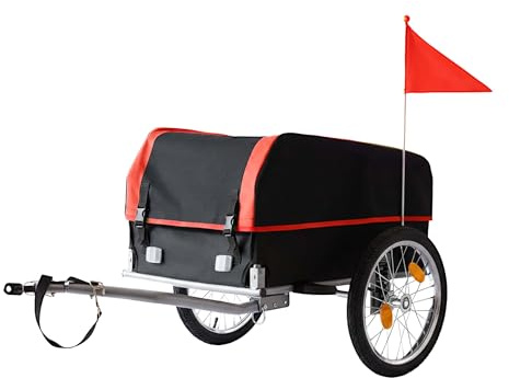 Relaxdays Bicycle Cargo Trailer, Foldable, 120L, Rain Cover, Flag, Black-Red, 59x124x69cm