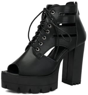 Generico Donna Cinturini Intagli Peep Toe Stivaletti Platform Tomaia Pelle PU Sandali Allacciato Tacco Alto Grosso Suola Carro Armato Zip Retro Stivaletti,Nero,37 EU