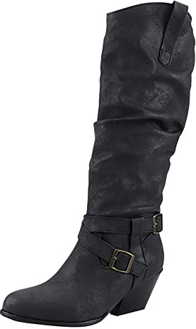Cowboystövlar dam medeltida hög medeltida skor blockklack knästövlar | Västerländska stövlar dam med klack riddare stövlar med spänne halvstövlar vintage cowboyboots vidare skaft slip-stövlar