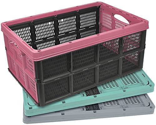 com-four® 3x Klappbox 32l - Transportbox mit Griffen - Stabile Aufbewahrungsbox - Einkaufskorb zusammenklappbar[Auswahl variiert] (50.5x33x22cm - 003 Stück - Mix)