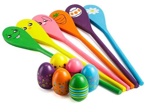 JOYIN eierlauf Eier- und Löffel-Rennspiel dosenwerfen 6 Ostereier und Plastiklöffel Spiele Kindergeburtstag osterspiele Outdoor Spiele für Kinder Ostern Geschenke