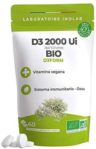 INOLAB Prima Vitamina D3 Biologica & Vegana Naturale Lichen | Migliore assimilazione | 2000 UI/compressa | Immunità Denti Ossa Muscolo |