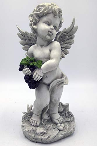GeKi Trend Engel Figur mit Weintraube Dekofigur Putte frostfest Gartendeko antik weiß Grabengel wetterfest 45 cm groß