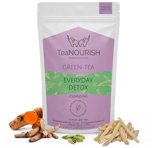 TeaNOURISH Everyday Detox Green Tee| Darjeeling Loose Leaf | 100% Natural Turmeric, Ashwagandha, Cardamom, Shatavari, Stevia | 50 Cups Hot Tea or Iced Tea - 100g