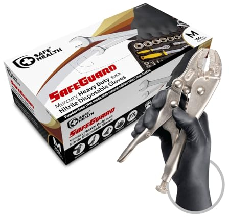 Safe Health Gants jetables en Nitrile taille M Noir, Résistants Épais 4,5 Mil, boîte de 100, sans poudre sans latex, alimentaire cuisine tatouage travail mécanique auto