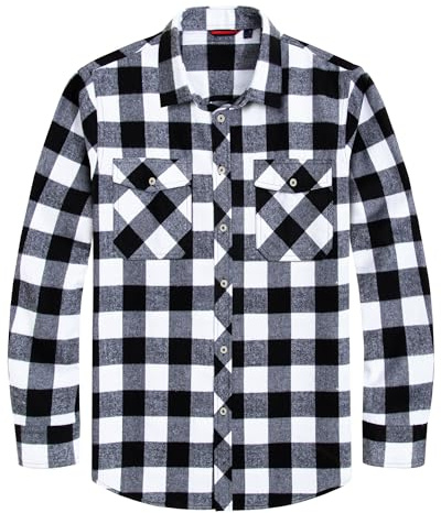 J.VER Men Shirts Flannel Check Lumberjack Long Sleeve Casual Winter Warm Thick Work Button Down Shirt with Pocket Black White L