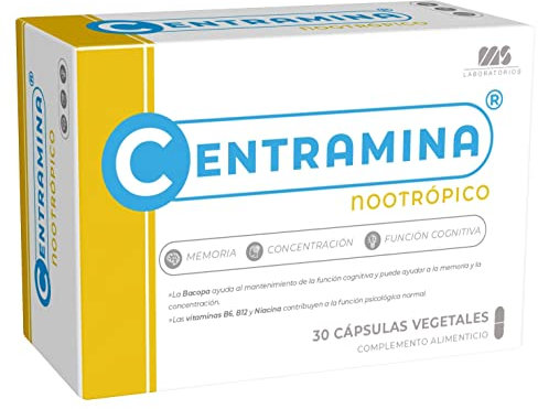 Centramina© | Nootropico con Ginkgo biloba, Bacopa, cafeina, colina, fosfatidil serina, teanina y vitaminas. Sin aditivos. Vegano. 30 Cápsulas