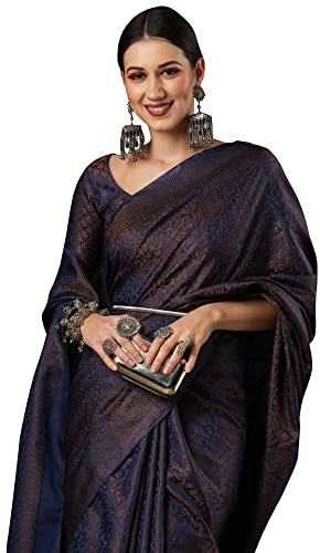 AKHILAM Indian Women's Woven Design Banarasi Silk Saree with Unstitched Blouse (SOHNA2001_Parent), navy, One size