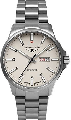 Bauhaus Aviation Herrenuhr mit Lederband oder Titanband Automatik Titangehäuse 10 ATM Saphirglas Tag Datum/DayDate 2866 (Beige/Titanband)