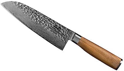 Sallys Santoku Messer- aus rostfreiem Damaszener-Stahl - Griff aus hochwertigem Olivenholz, inkl. edler Holzbox zur sicheren Aufbewahrung, 67-lagigen VG-10-Damaskus-Stahl