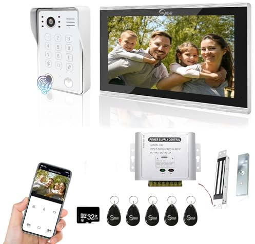 ANJIELO SMART Video Door Phone intercom, 10 Inch Touch Monitor with Wired 1080P doorbell System, Supports Fingerprint, RFID Card, Password, with electromagnetic Lock, Use with TUYA APP, White