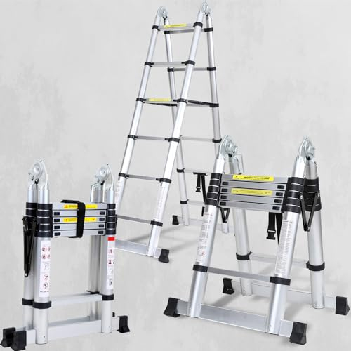 SWANEW Escalera telescópica de aluminio de 3,8 m con estabilizador triangular, escalera plegable, antideslizante, multiusos, capacidad de carga de 150 kg (1,9 + 1,9 m)