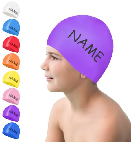 Badekappe Kinder Mädchen Lange Haare Schwimmkappe mit Namen für Damen Jungen Herren NGTSFLY Silikon Badehaube Bademütze Wasserdicht Schwimmmütze mit Muster