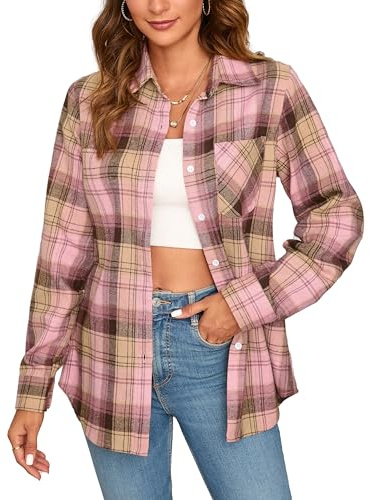 Stamain Camicia Donna Quadri Elegante Camicia Scozzese Flanella Rosa Manica Lunga Casual Country con Bottoni Blusa L