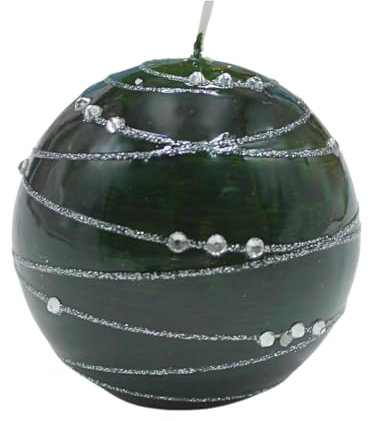 Noble vela esférica, vela de mesa, vela decorativa, vela de cera con diseño de piedras preciosas, vela decorativa como bola de 8 cm, tira plateada, en verde oscuro.