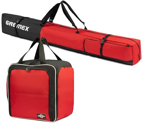 GREMEX Skitasche und Skischuhtasche Set - Starke Skitasche 180 cm - Skisack Set - Wasserfeste Tasche Skischuhe mit Helm - Skisack für 1 Paar Ski - Skischuhtasche mit Helmfach - Ski Zubehör