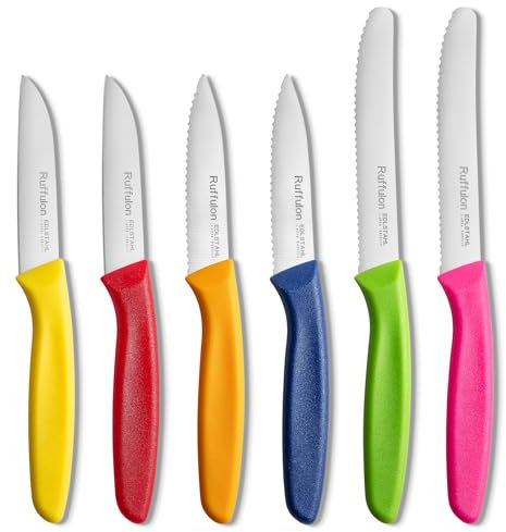 Ruffulon Paring Knife Set of 6,Kitchen Knife Set,Straight Edge&Serrated Knifes,Sharp Fruit Knife,Vegetable Knifes,Durable PP Handle,Multicolored Kitchen Paring Knives,Dishwasher Safe(6 Colors)