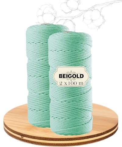 BEIGOLD® Premium makramégarn, set om 2 – turkos (3 mm x 100 m) för vackert naturligt utseende. Bomullsgarn för makramé konst gör-det-själv-hantverk
