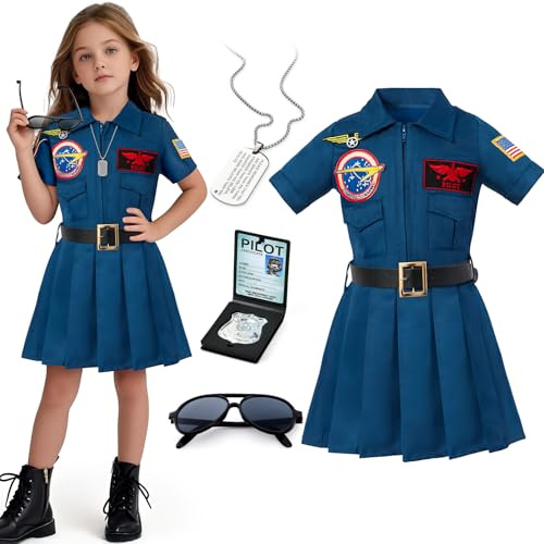 Tacobear Déguisement Pilote Enfant Avion Aviateur Uniforme Tenue Robe Pilote avec Lunettes de Soleil Collier Deguisement Carnaval Halloween Costume pour Fille (140, 8-9 Ans)