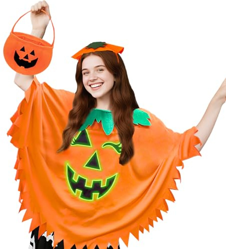 yisight Disfraz De Calabaza Para Halloween, Capa de Poncho Calabaza Mujer Halloween, Disfraz de Calabaza Unisex Con Sombrero y Bolsa de Calabazas, Capa luminosa, Disfraces de Carnaval para Adultos