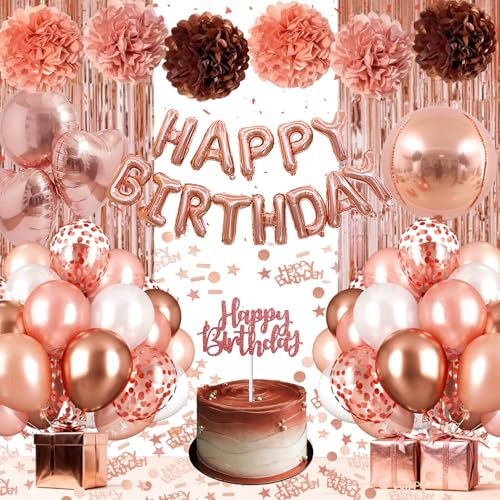 Decoracion Cumpleaños, Globos de Cumpleaños Oro Rosa con Banderola Happy Birthday, Decoración Cumpleaños para Niña, Chica y Mujer con Cortinas de Borlas, Globos de Aluminio 4D y Corazón, Pompones