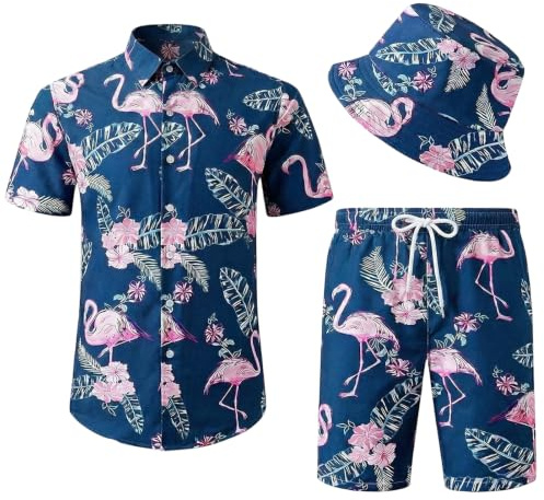 Harsever Chemise Hawaienne Homme,Chemise Hawaïenne a Fleur Originales Portée avec un Short de Plage et un Bob,3 Pièces ChemiseTahitienne, Tenue Coachella Ete Plage pour Homme