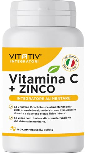 VITATIV® Vitamina C 1000mg + 15mg Zinco, 180 compresse fino a 6 mesi di fornitura | Integratore Alimentare con Vitamina C ad alto dosaggio, Vegano e Prodotto in Italia.