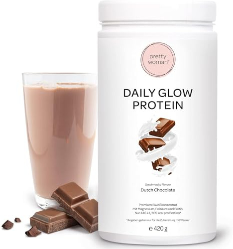 pretty woman® Daily Glow Eiweiss Protein Pulver für Frauen „Dutch Chocolate“ 420 g/Low Carb Shake mit Vitaminen & Mineralien, Biotin & Folsäure - nur 0,5g Zucker pro Portion
