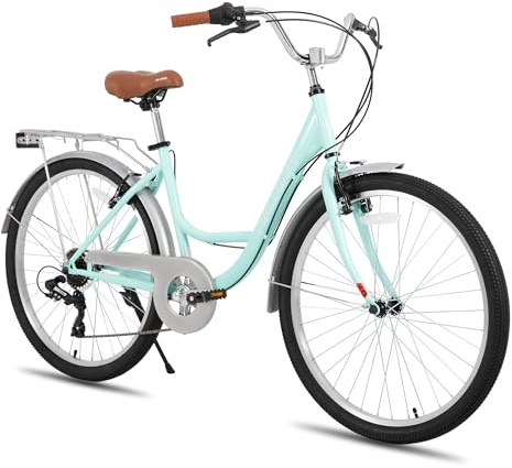 HH HILAND 26 inch Complete Beach Cruiser Bike for Adults, 7 Speed Step-Through Frame Womens Bicycle with Rear Rack, Retro Style Bike Commuter City Bicycle for Men, Green