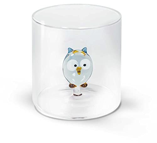 WD Lifestyle Bicchiere in vetro borosilicato. Capacità 250 ml. Decoro gufo.