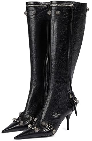Kluolandi Botas altas de tacón alto de aguja para mujer con borla punta puntiaguda con cremallera tachonada botines zapatos de vestir, Negro -, 40 EU
