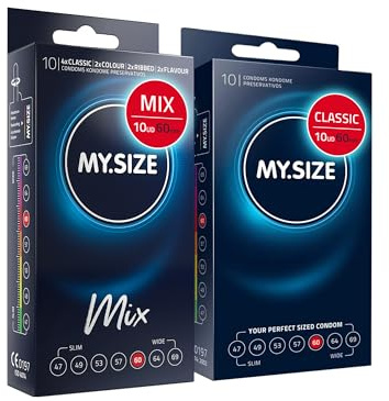 MY.SIZE Mix Set Size 5, 60 mm: 10 Classic + 10 Variety Condoms with Flavor, Color, Ribbed