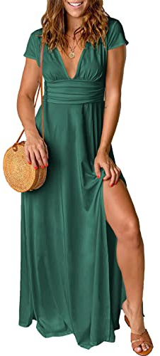 QUNERY Robe Longue Femme Ete Robe de Plage Manches Courtes Robe D'été Casual col en V Taille Haute Robe Cocktail Demoiselle d'honneur Mariage Fête Aniversaire Vert M