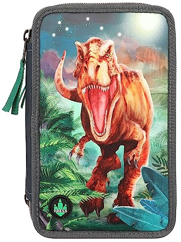 Depesche 12474 Dino World - Gefüllte 3-Fach Federtasche im Dinosaurier-Design mit LED-Effekten, Federmäppchen mit Buntstiften, Lineal, Schere uvm.