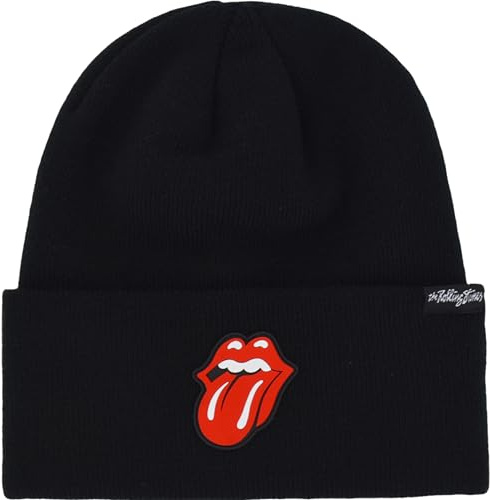 The Rolling Stones Beanie Hat, Winter Knit Cap with Rubber Patch Lips Logo and Cuff, Black, One Size