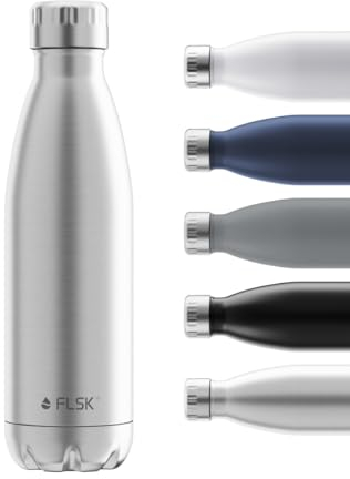 FLSK Trinkflasche I Premium Trinkflasche aus Edelstahl I 100% Auslaufsicher & Kohlensäure geeignet I Thermosflasche hält bis zu 24 Std. Kalt und 18 Std. Heiß (stainless, 750 ml)