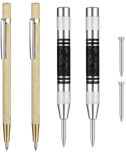 2 Punzones para Metal + 2 Punta de Trazar Scriber de Carburo de Tungsteno, Punzones Centrales Localizador, Lápices de Carpintero, Punzonado Central Punzón Centro Automático para Madera Metal Cristal