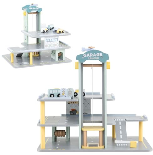 HOMASIS Jeu de garage à 3 étages, parking en bois avec 4 voitures, héliport, station-service, ascenseur, lavage de voitures, garage de jouets de rôle pour enfants de 3 ans et plus, 50 x 40 x 47 cm,